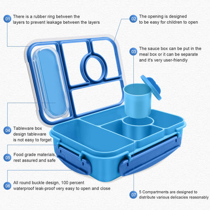 Amathley Bento Box Adult Lunch Box Kids,Lunch Containers for Adults/Kids/Toddler,5 Compartments Bento Lunch Box with Sauce Vontainers,Microwave & Dishwasher & Freezer Safe,BPA-Free (Blue)