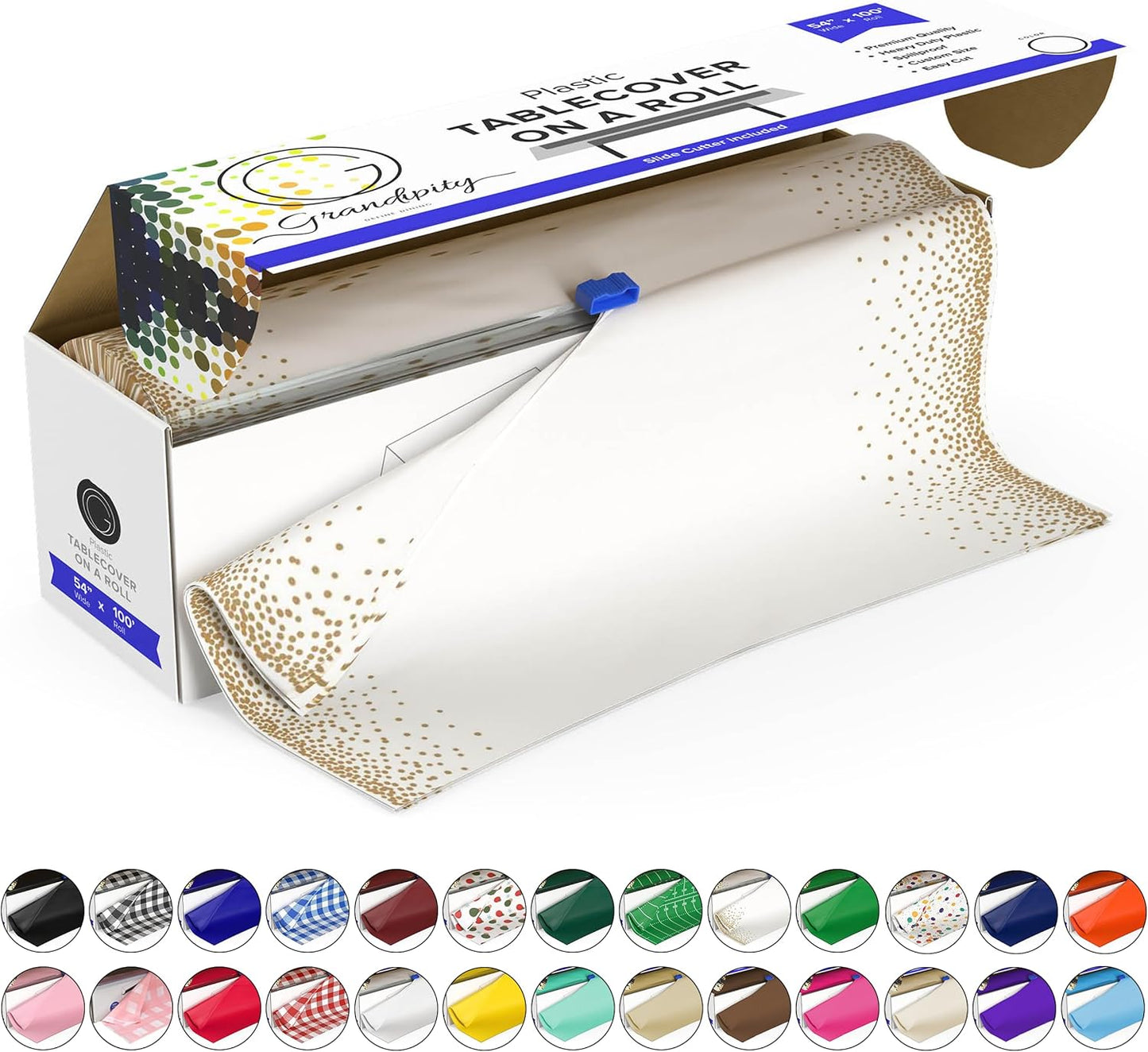 54in 100 Grandipity Plastic Tablecloth Roll - x Ft. Gold Dots Plastic Table Cloths for Parties Disposable with Cutter
