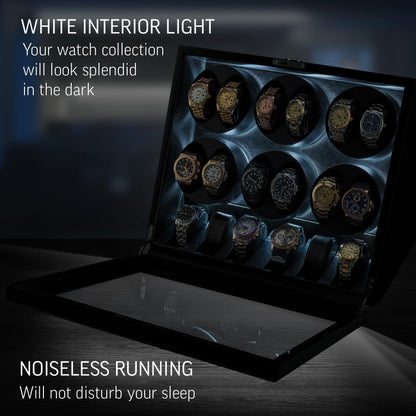 TIMECUBE 12 Watch Winder with 6 Storage Slots, LED Light and Automatic Motor-Stop