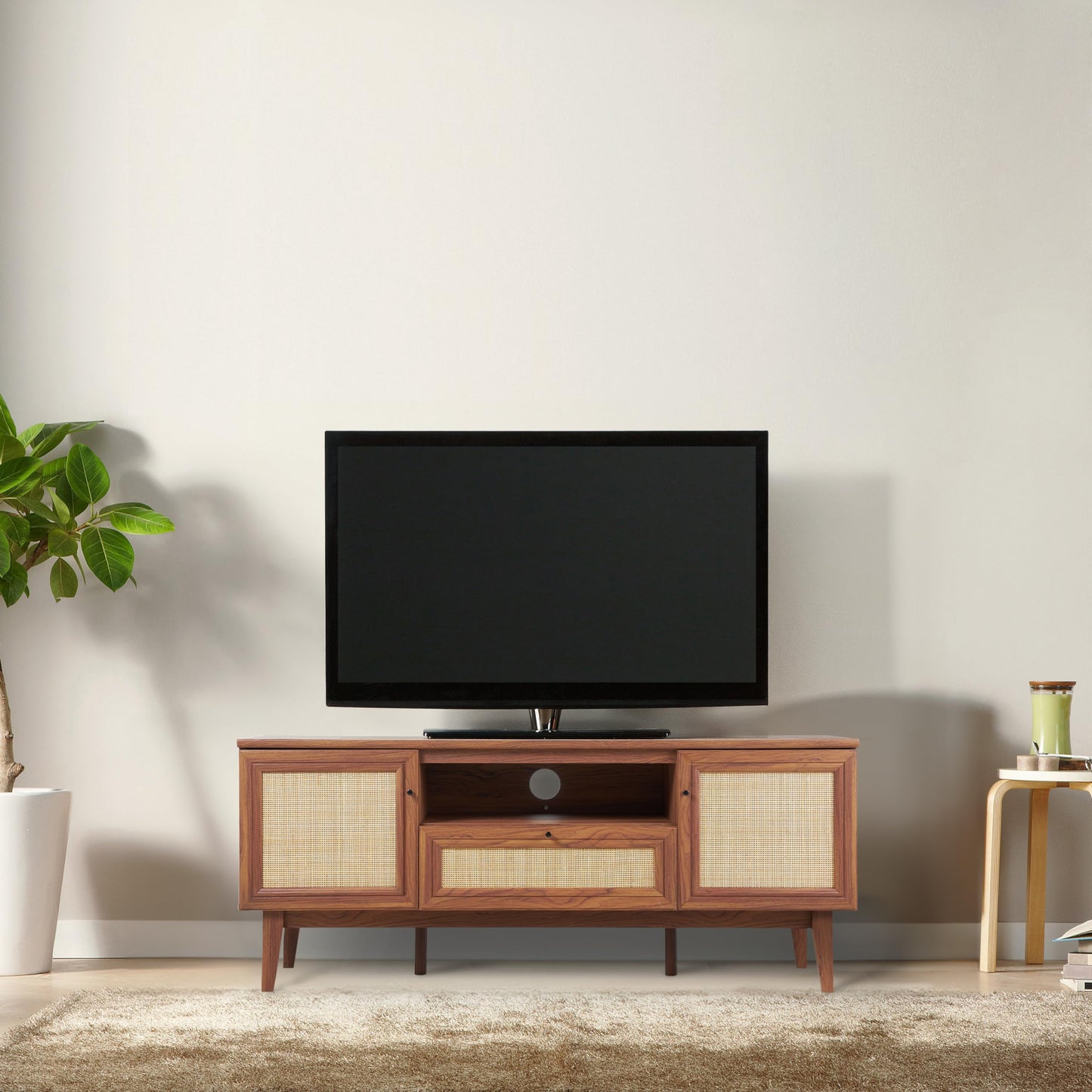 JONATHAN Y Finley 59" Mid-Century Walnut Rattan TV Stand for TVs up to 65 Inch, Wood Media Console with Woven Cane Soft-Close Doors and Drawer, Bohemian Entertainment Center for Living Room TVS1002B