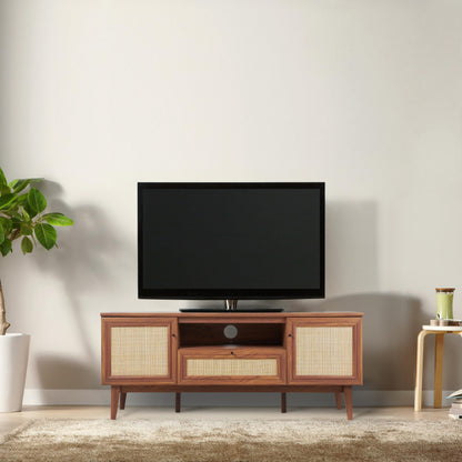JONATHAN Y Finley 59" Mid-Century Walnut Rattan TV Stand for TVs up to 65 Inch, Wood Media Console with Woven Cane Soft-Close Doors and Drawer, Bohemian Entertainment Center for Living Room TVS1002B