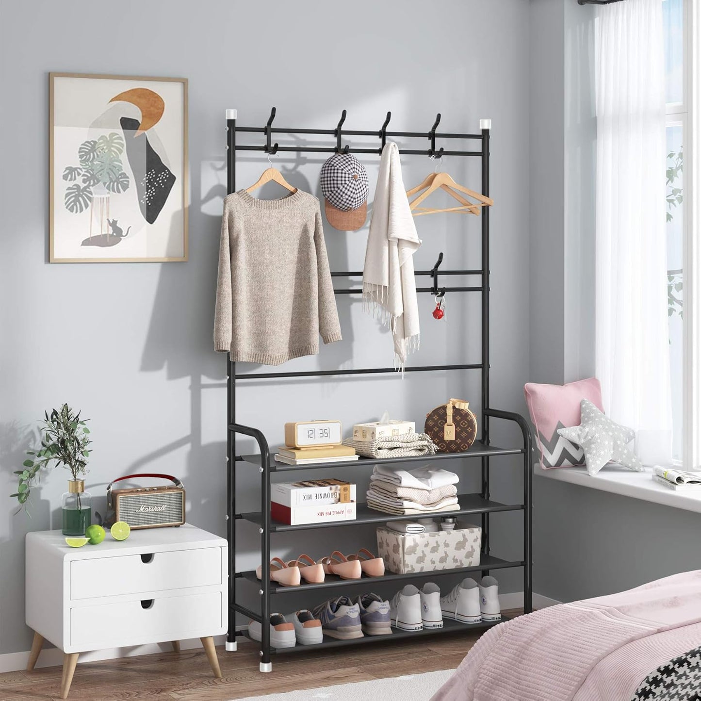 Rack,3-in-1 4-Tier 8 Hooks,16-20 UDEAR Entryway Coat Hall Tree Multifunctional Storage Shelf with Shoe Bench and Pairs