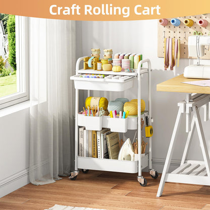 3 Tier Metal Rolling Utility Cart with Drawer & Lockable Wheels - Heavy Duty Multifunctional Storage Organizer with 2 Cups and 4 Hooks for Bathroom, Kitchen, Snack, Craft, Makeup, Baby Essentials