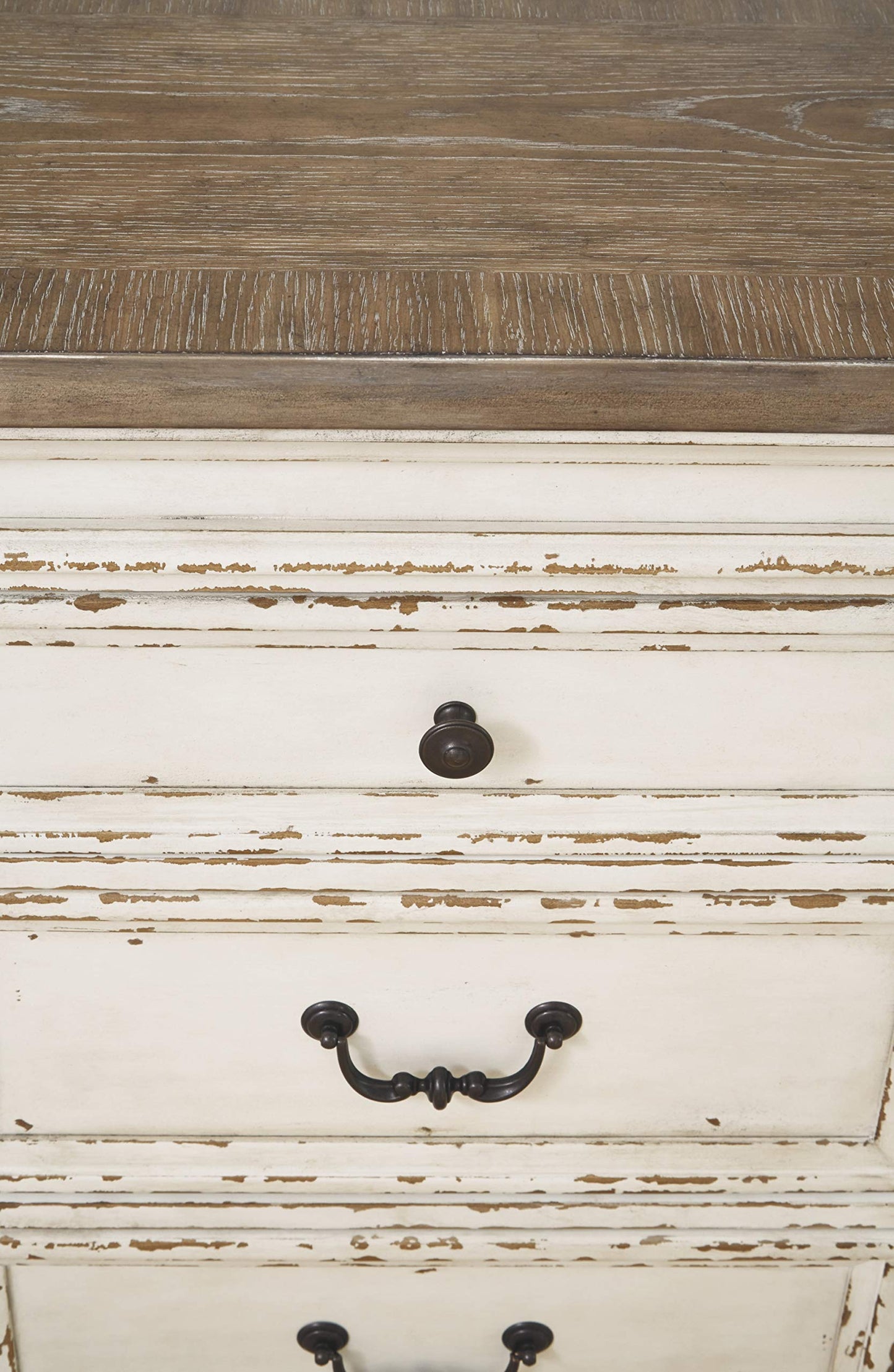 Signature Design by Ashley Realyn French Country Distressed Dining Room Server, 3 Drawers, 2 Cabinet Doors, Wood, 59" W x 17" D x 36.5" H, Chipped White