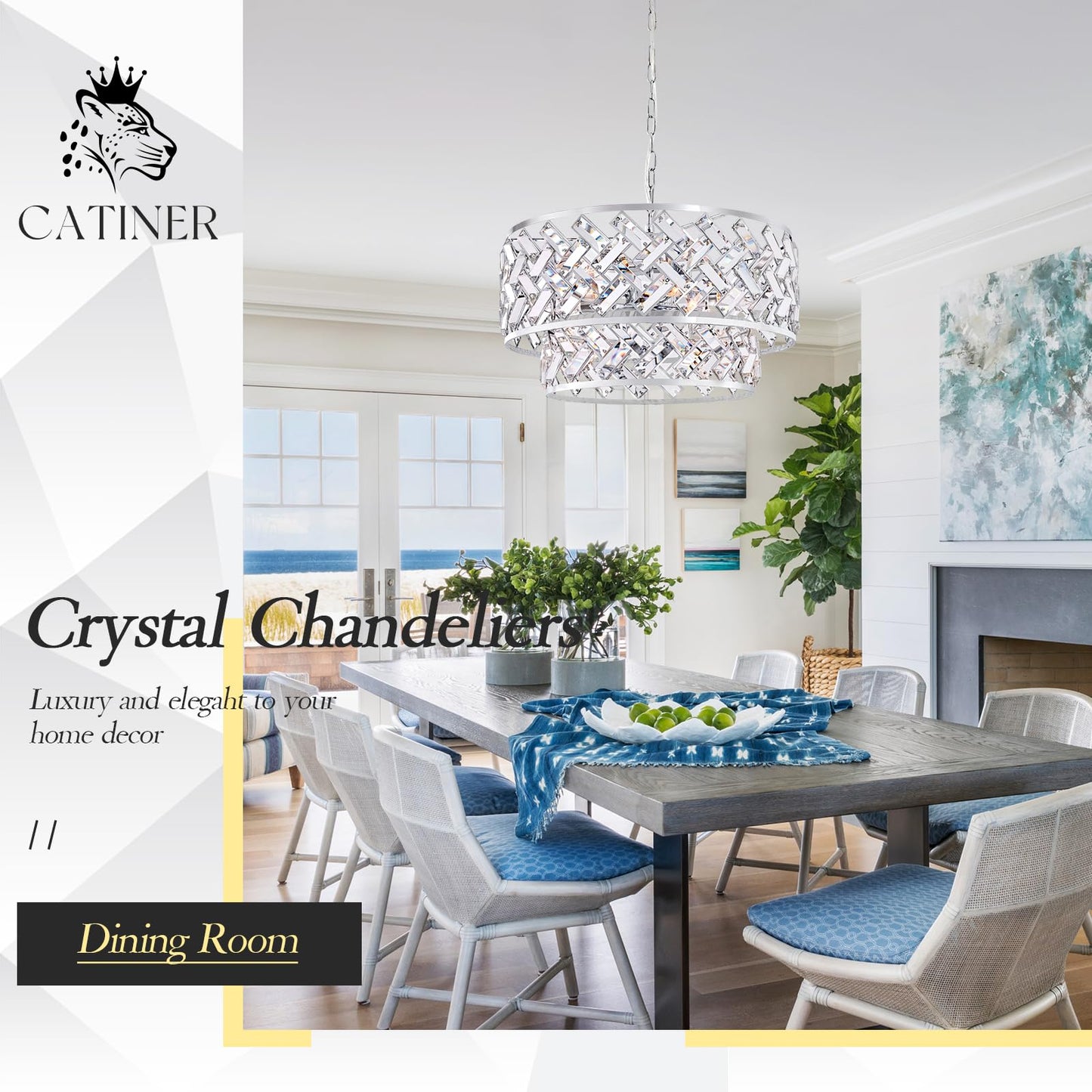 20'' Modern 6-Light Chrome Crystal Pendant Chandelier, Luxury Round Semi Flush Mount Ceiling Light for Living Room, Dining Room, Kitchen, Foyer, Bedroom