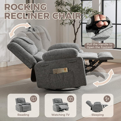 Adults Oversized Rocking Nursery Glider Recliner Chair,360° Swivel Rock Recliner Chairs Single Sofa with Vibration Massage and Heating for Living Room/Bedroom,Grey