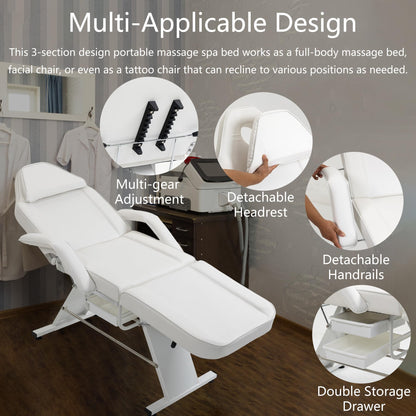 Massage Salon Tattoo Chair with Two Trays Esthetician Bed with Hydraulic Stool,Multi Purpose 3 Section Facial Bed Table, Adjustable Beauty Barber Spa Beauty Equipment, White