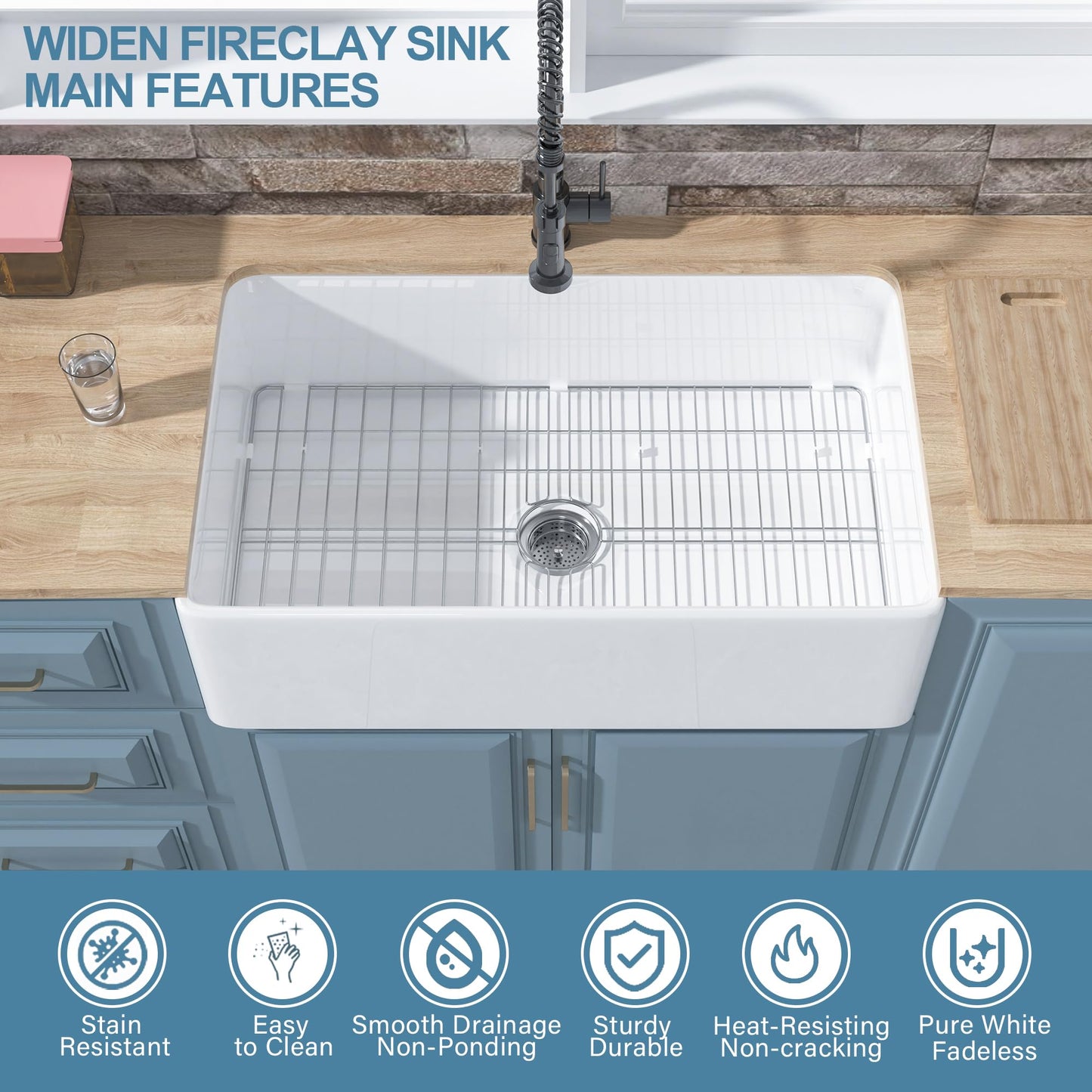 HOMLYLINK White Farmhouse Sink 33 x 20 Inch, Large Firecaly Apron Front Undermount Farm Sink Heavy Duty Deep Single Bowl, with Custom Accessories 2 Types, Pure White, for Kitchen