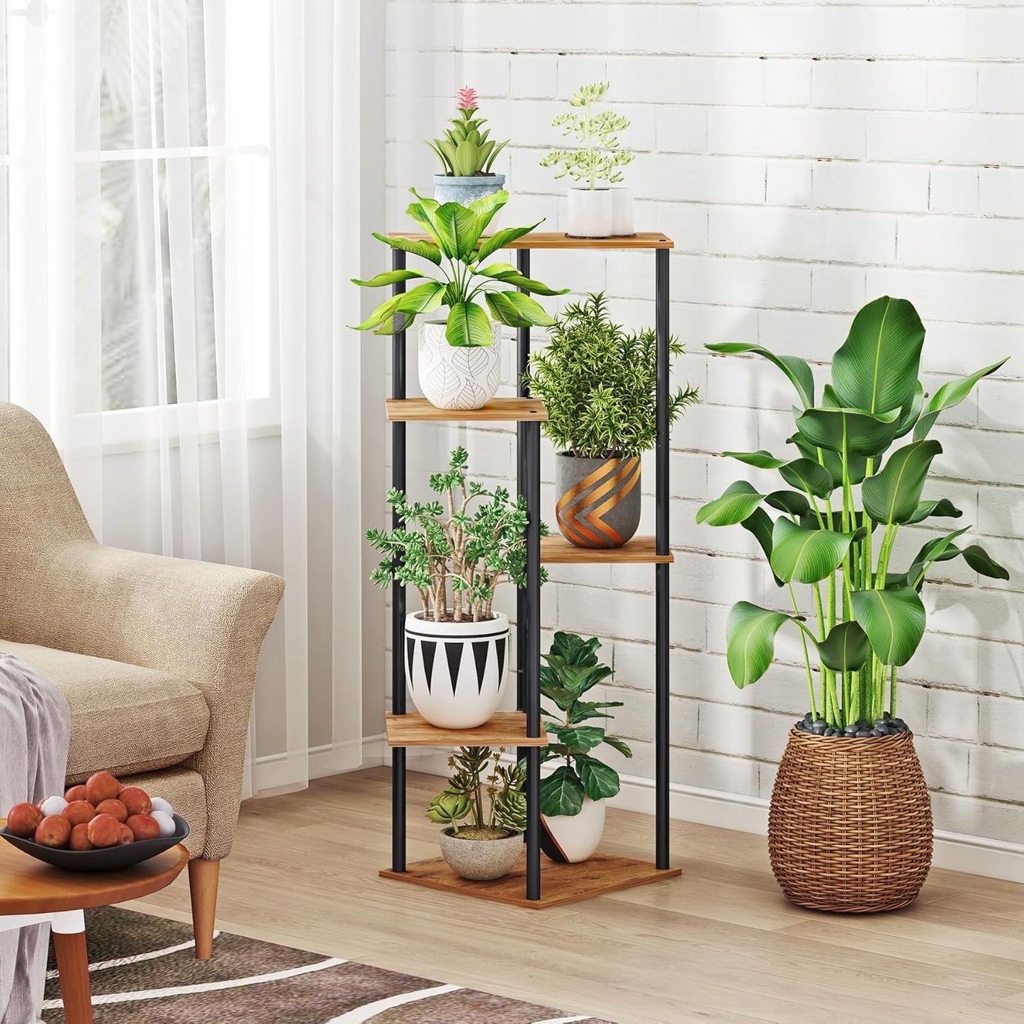5 HAYOFAMY Tier Plant Stand Indoor, Tall Plant Shelf Metal Wood Multiple, Flower Pot Holder for Living Room Office