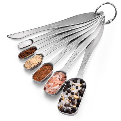 18/8 Stainless Steel Measuring Spoons: Doosu Heavy Duty Rectangular Spoon Square Teaspoon Tablespoon Scoop with Slim Long Handle in Narrow Spice Jar for Kitchen Baking Cooking (Set of 7 with Leveler)