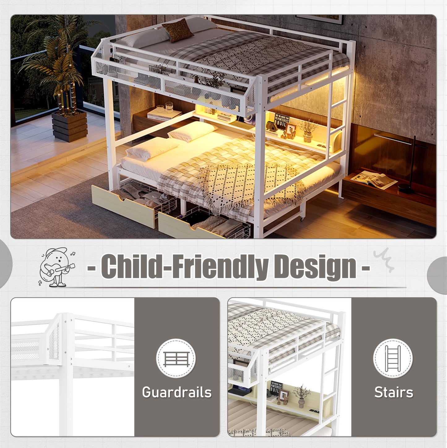 Bellemave Queen Over Queen Metal Bunk Bed with Storage Drawers and Shelves, Heavy Duty Bunk Beds with LED Lights and Charging Station for Kids,Adults,Convertible into a Sofa Bed,White