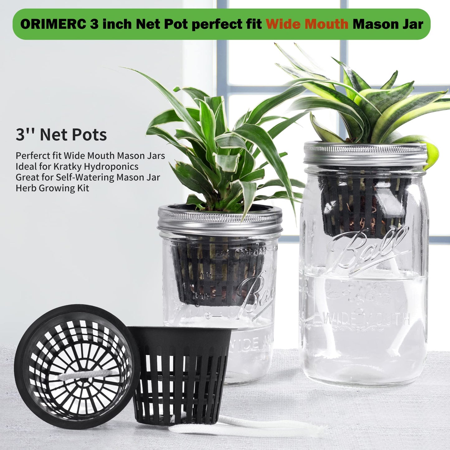 ORIMERC 12 pcs 3 inch Net Cup Quality Planting Mesh Pots/Baskets with Self Watering Wick Cord & Plant Labels for Garden Hydroponic Planting Pond Plants Planting Mason Jar Orchid Kratky Growing
