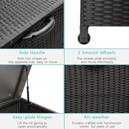 Celah 120 Gallon Outdoor Deck Box Storage Container, Rattan Wicker Storage Box with Handles and Wheels for Patio Furniture Cushions, Garden Tools, Pool Accessories (Black)