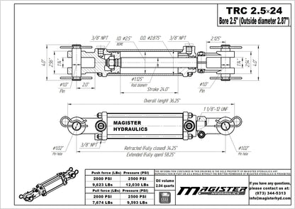Magister Hydraulics Double Acting Hydraulic Cylinder - AG Tie-Rod Hydraulic Cylinder 2500 PSI Agriculture Standard 2.5" bore 24" Stroke (2.5x24)