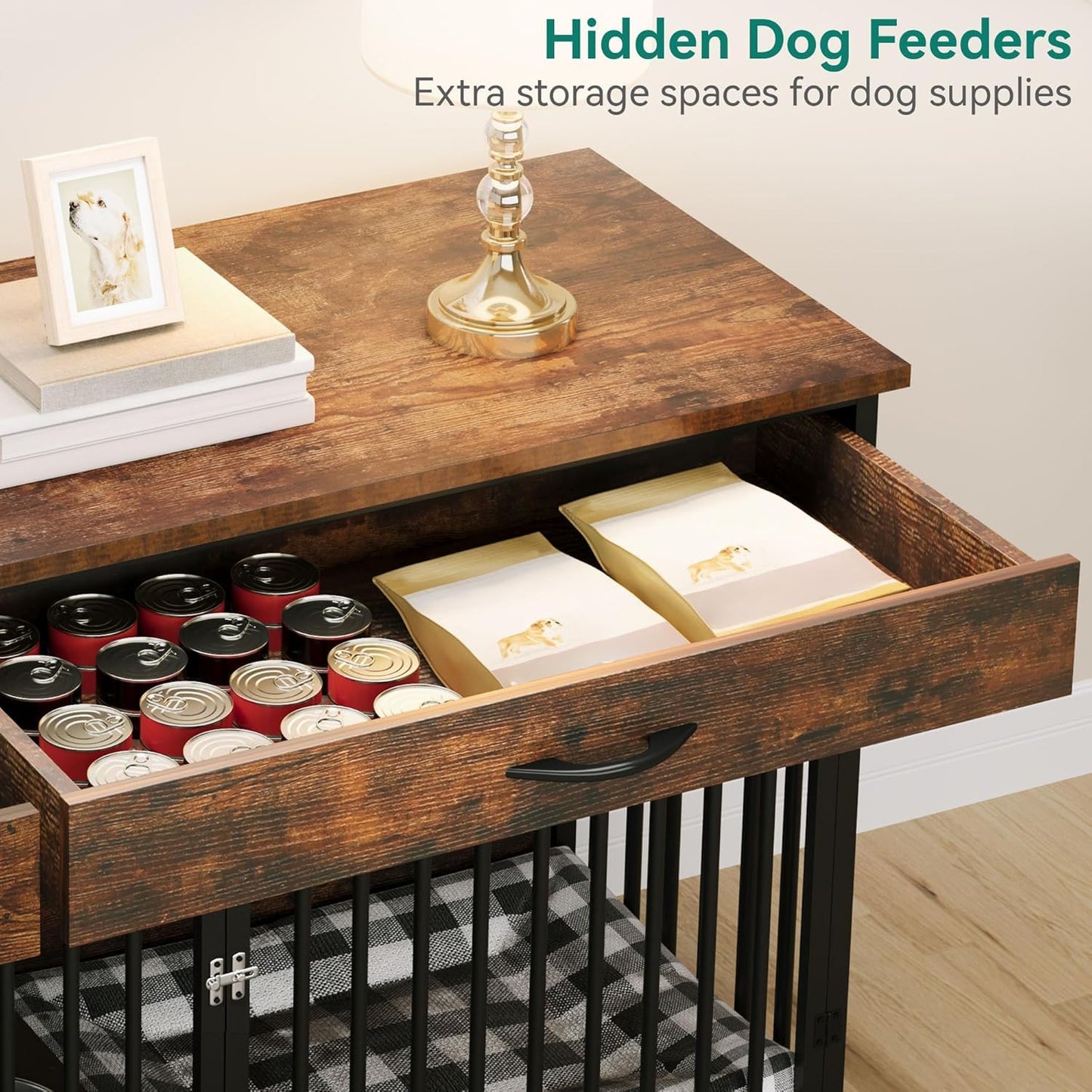 DWVO Double Dog Crate TV Stand with Dog Feeder, 74.8" Wooden Large Dog Kennel with Storage, Double Dog Crate Furniture for 2 Small Medium Dogs, Brown