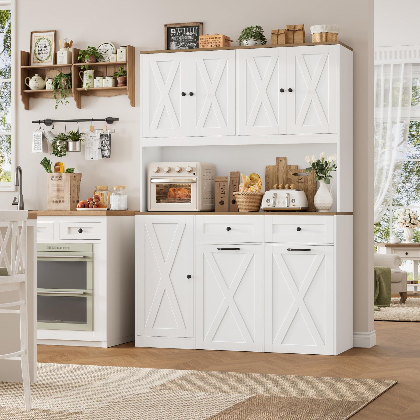 HOSTACK 71"H Kitchen Trash Can Cabinet, 12.5 Gallon Double Pull Out Garbage Can Hutch Cabinet with Trash Bin Storage Holders, 47" Wide Kitchen Pantry with Hidden Garbage Storage for Dining Room, White