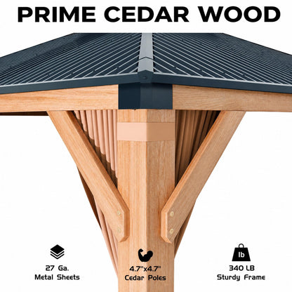 10x12FT Hardtop Wood Gazebo, Cedar Frame Outdoor Pavilion with Double Galvanized Steel Roof, Curtains and Netting Included, Ceiling Hook for Patio Backyard Deck Lawn Garden, Khaki