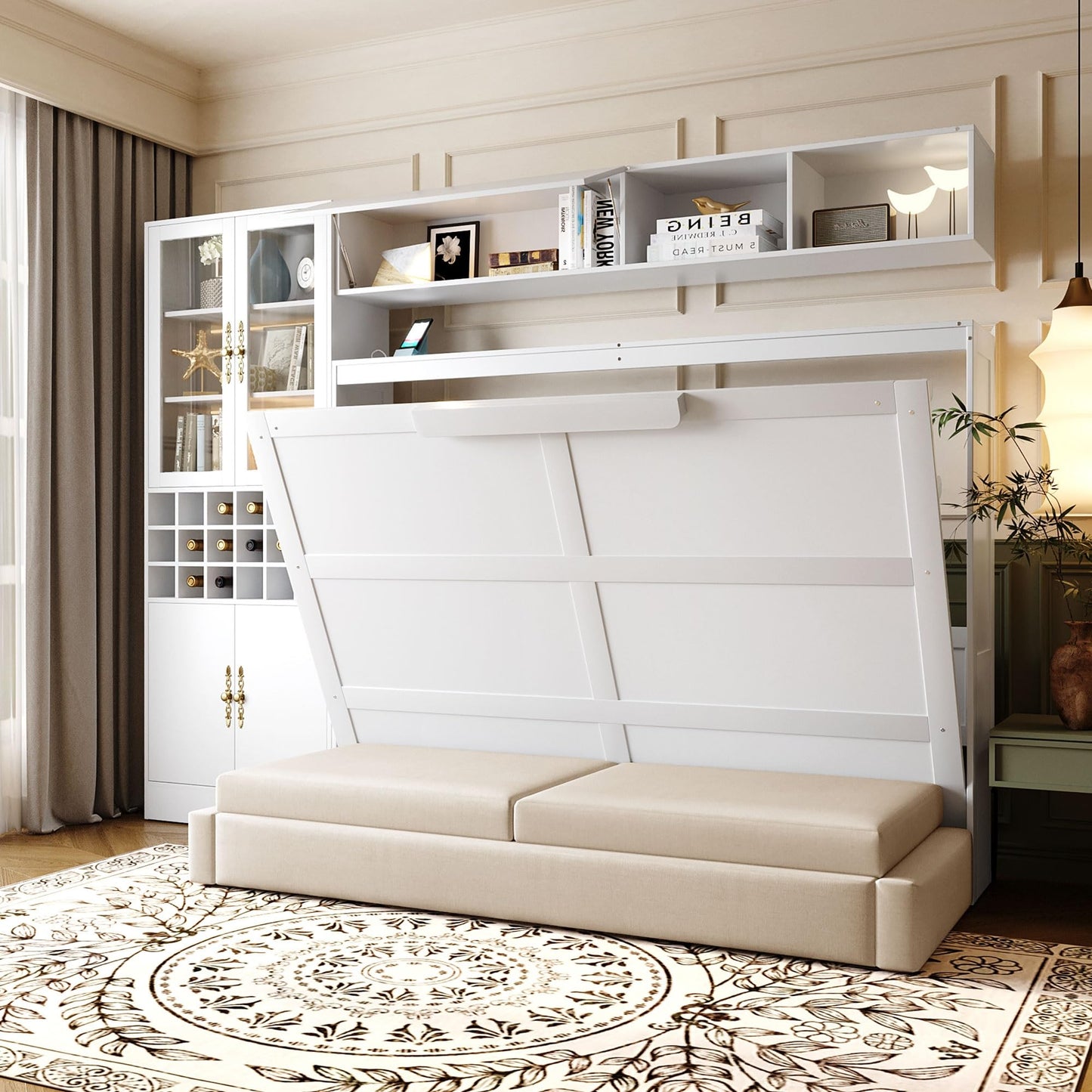 Merax Full Size Murphy Bed Wall Bed with Sofa and Storage, Hydraulic Mechanism Folding Bed with Shelves & USB Ports, Space Saving Furniture for Small Apartment, White