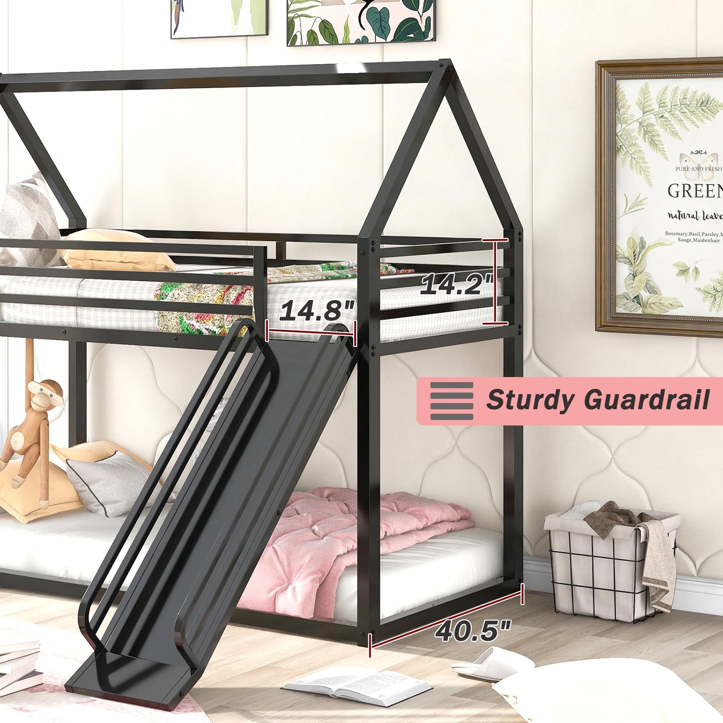 Merax Modern Twin Over Twin Heavy Steel Low Bunk Bed with Ladder and Slide, House Shaped Bunk Bed Frame with Full Lenght Guardrail, No Box Spring Needed, Space-Saving, Black