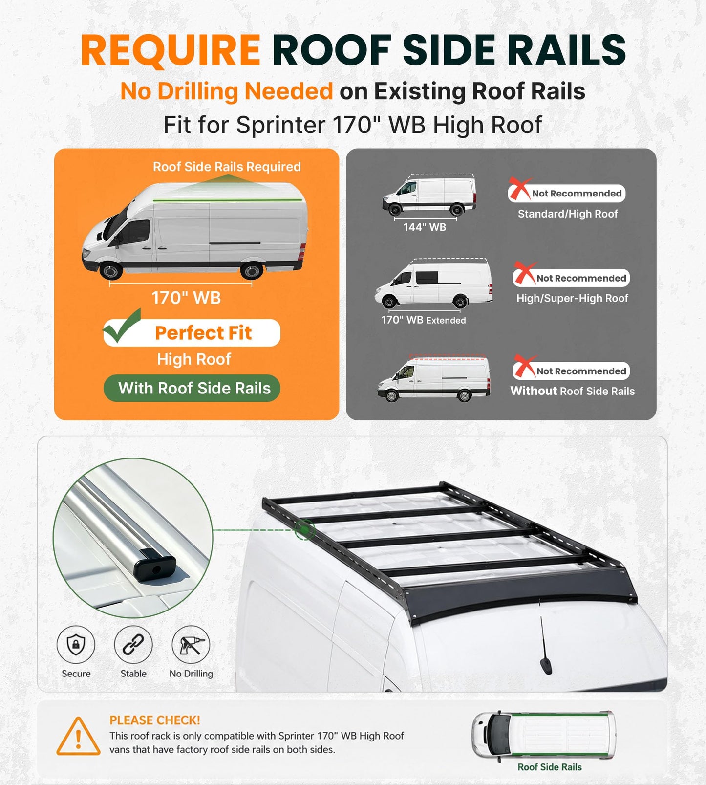 MELIPRON Camper Van Roof Rack Fit for Mercedes-Benz Sprinter 170" WB High Roof, Low Profile Aluminum Rack with Wind Fairing, T-Slot Crossbars for Solar Panels, Awnings, 300lb Dynamic/500lb Static