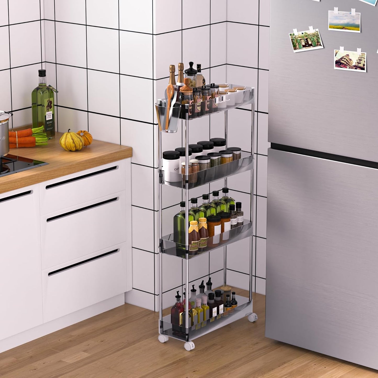 4-Tier VECELO Acrylic Rolling Cart, Slim Utility Cart for Storage, Mobile Storage Cart with Lockable Wheels