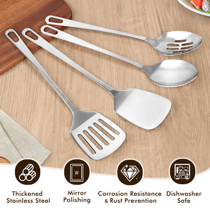 4 Pcs Cooking Utensils Set, Stainless Steel Kitchen Utensils, Heat Resistant Metal Kitchen Tools Include Solid & Slotted Turner Wok Spatula, Serving Spoon, Ergonomic Handle, Easy to Clean, Silver