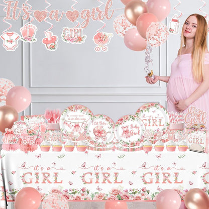 Its a Girl Baby Shower Decorations, Pink Floral Baby Shower Decorations for Girl Include Plates,Napkins,Banner,Balloons,Tablecloth,Cups,Hanging Swirl,Cake Topper,Honeycomb for Baby Girl Party Decor