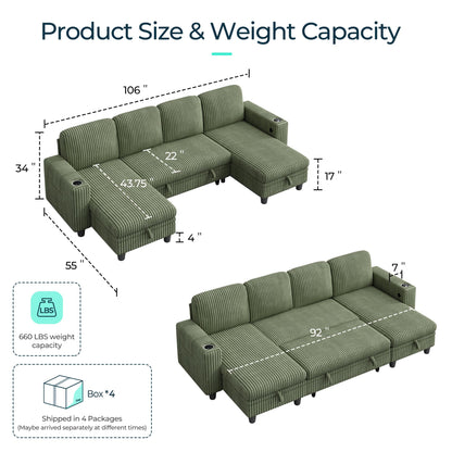 LINSY HOME Pull Out Sofa Bed Sectional Sleeper Sofa with Storage, Plush Corduroy Pullout Modular Sectional Couches for Living Room, U Shaped Convertible Couch Bed for Apartment (Green)