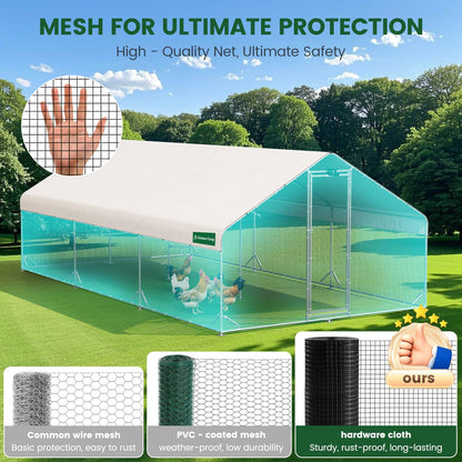 Large Walk-in Metal Chicken Coop with Chicken Run & Hardware Cloth, Solar Light, Waterproof & UV-Resistant Cover, Outdoor Poultry Cage for Farm Use, 3 Room