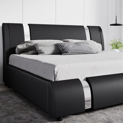 SHA CERLIN Modern Faux Leather Queen Bed Frame with Adjustable Headboard and Iron Accents, Deluxe Upholstered Platform Bed with Solid Wooden Slats Support/No Box Spring Needed, Black