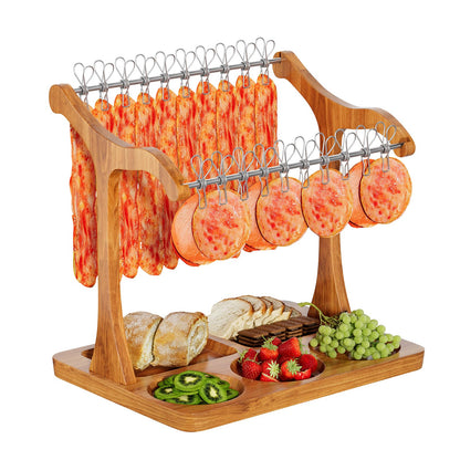 Sueuapp Bacon Display Rack,Patented Design Acacia Bacon Clothesline Serving Tray,Charcuterie Boards with Double Hangers,Exquisite Bacon Tray Holder for Parties,Weddings,Housewarming Gifts