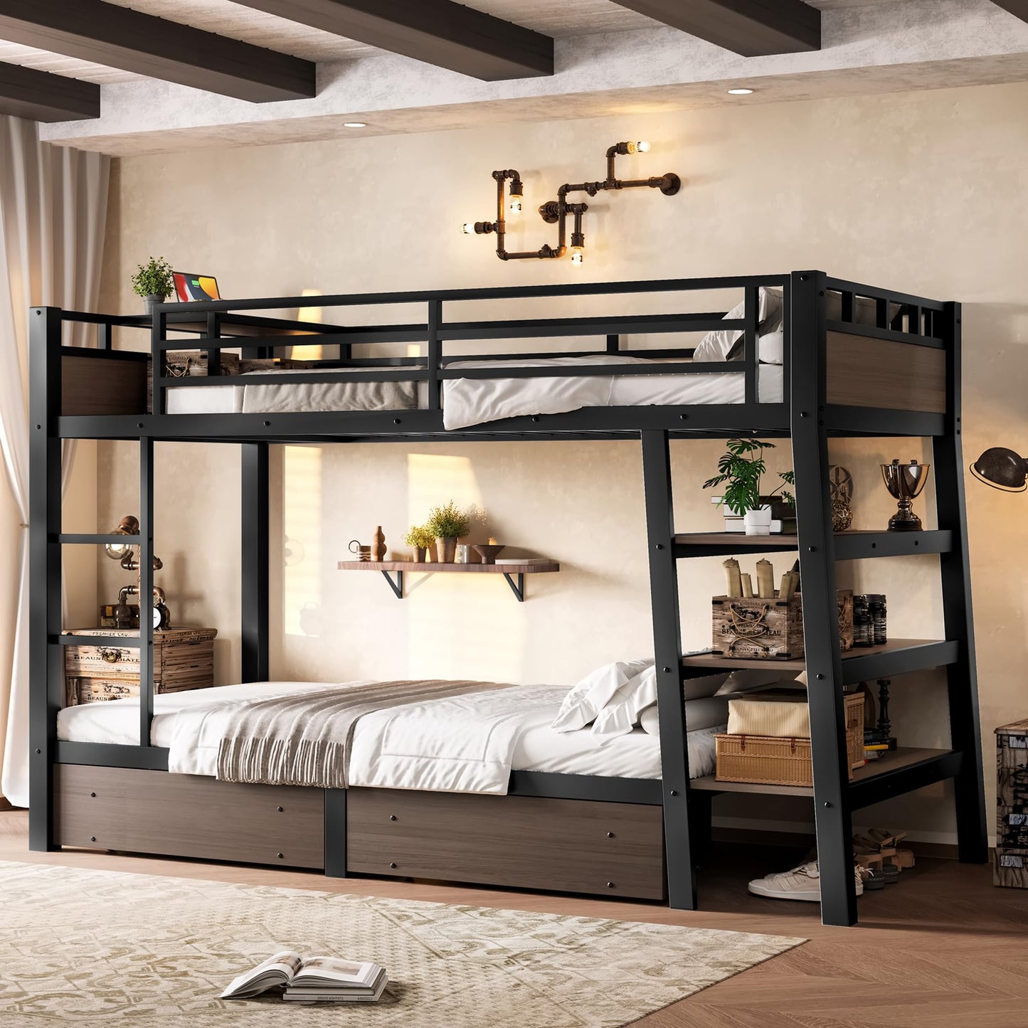 DNYN Modern Metal Bunk Bed Frame with Storage Shelves and USB Ports for Teens/Adults Bedroom, Space-Saving Twin Size Bed with LED Strip and 2 Drawers, No Box Spring Needed & Easy Assemble
