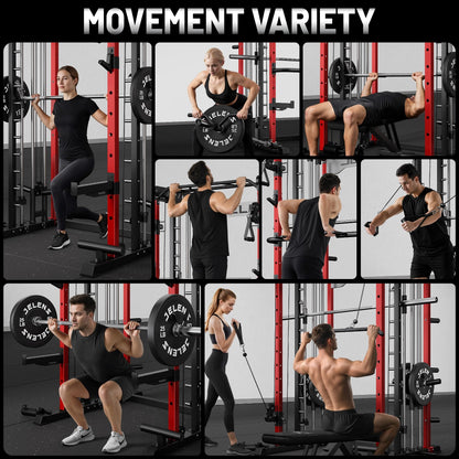 JELENS Smith Machine for Home Gym, Multi-Function M12 Power Cage, Squat Rack with Smith Bar and More Attachment (Red, M12 Smith Machine)