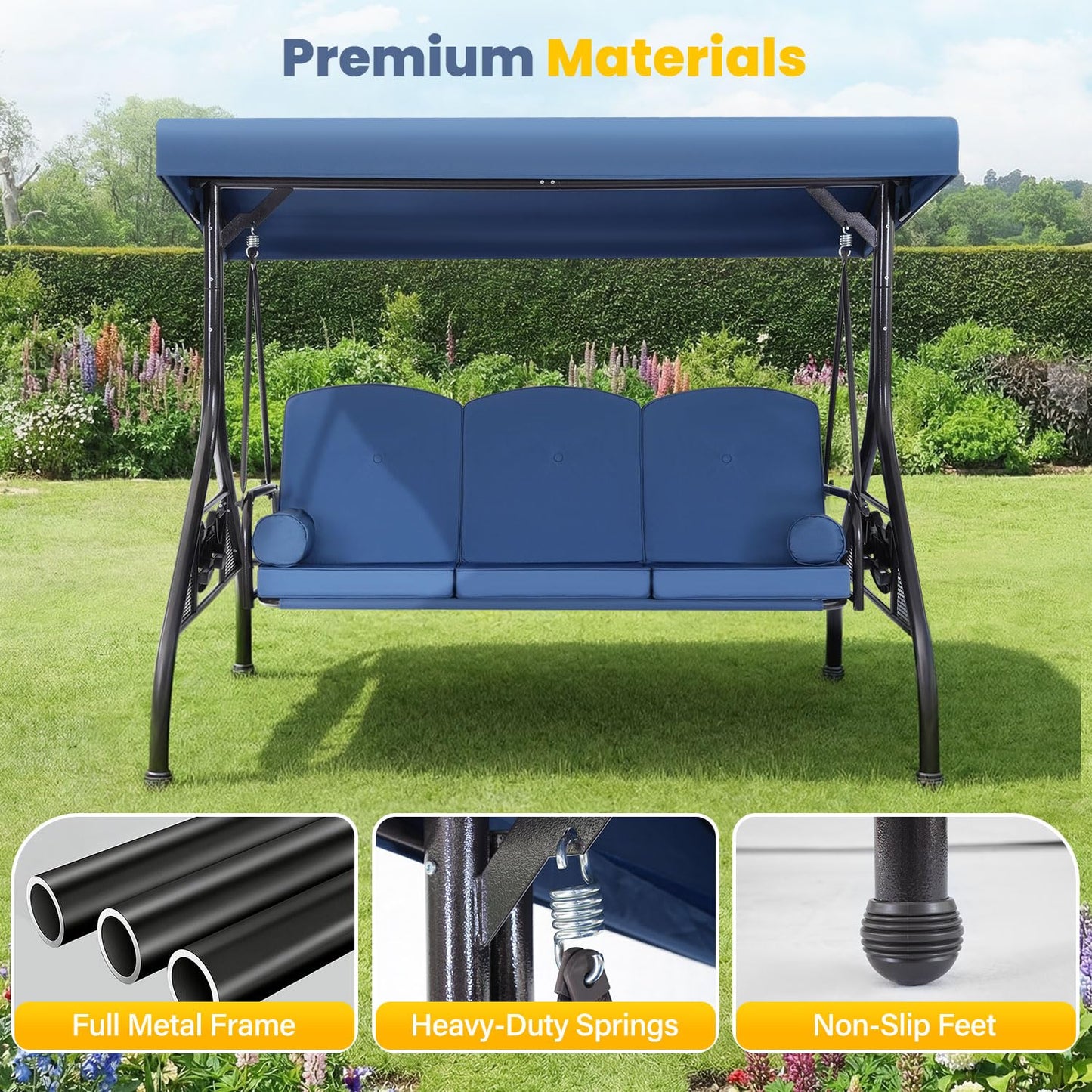 3-Seat Outdoor Porch Swing with Adjustable Canopy, Convertible 2-in-1 Patio Swing & Bed with Thick Cushions, Pillows & Cup Holders for Porch, Backyard & Garden (Blue)