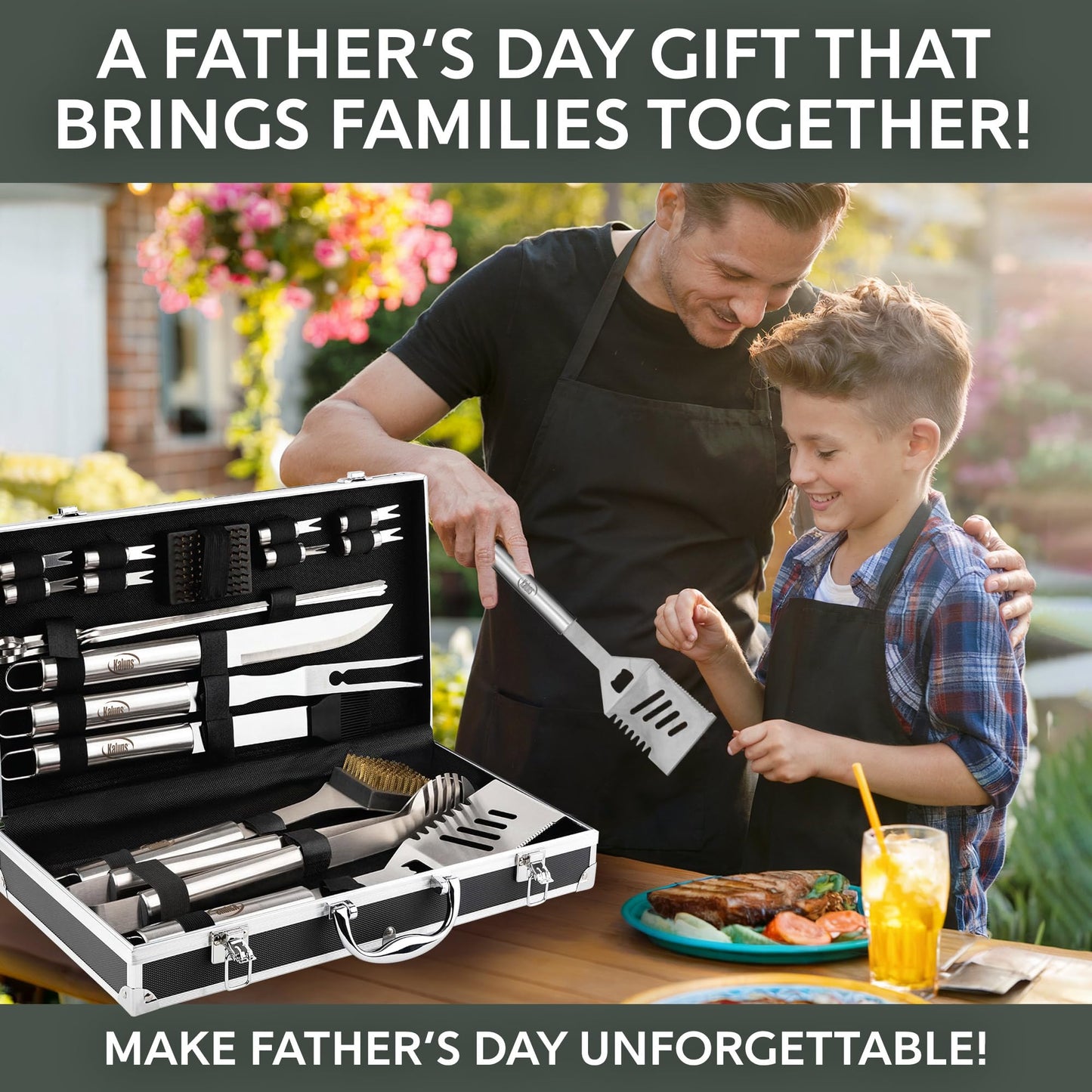 Kaluns Grilling Accessories, Dad Gifts for Fathers Day, Mothers Day Grilling Gifts, Heavy Duty Stainless Steel BBQ Tool Set for Outdoor Grill with Aluminum Case and Apron, Birthday Gifts for Men
