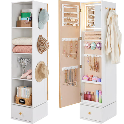Best Choice Products Rotating Mirror w/Storage Cabinet, 360 Swivel Jewelry Armoire w/Full-Length Mirror, Gold Metal Frame Tower w/Cube Shelves, Built-In Jewelry Organizer & Hook - Gold