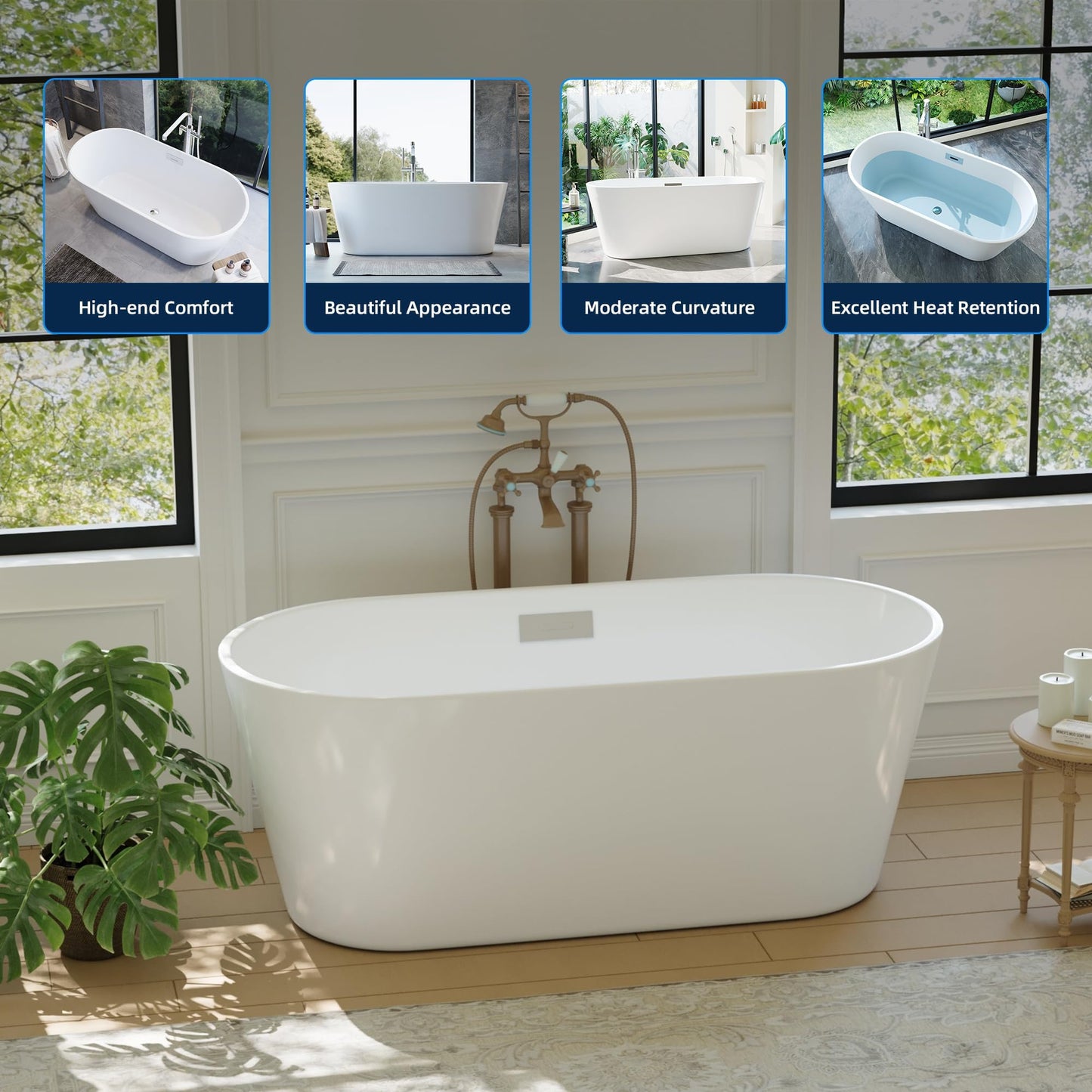 59 Inch Freestanding Bathtub Acrylic Free Standing Tub 59 Inch, Free Standing Tub with Chrome Drain & Overflow, Ergonomic Stand Alone Tub for Small Bathroom or Home Spa