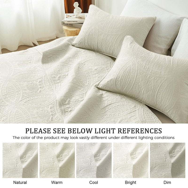 akkialla King/Cal King Quilt Set,Cream Lightweight Bedspread with Coin Pattern, Soft Microfiber Coverlet for All Seasons, Breathable and Skin-Friendly Fabric (1 Quilt, 2 Pillow Shams)