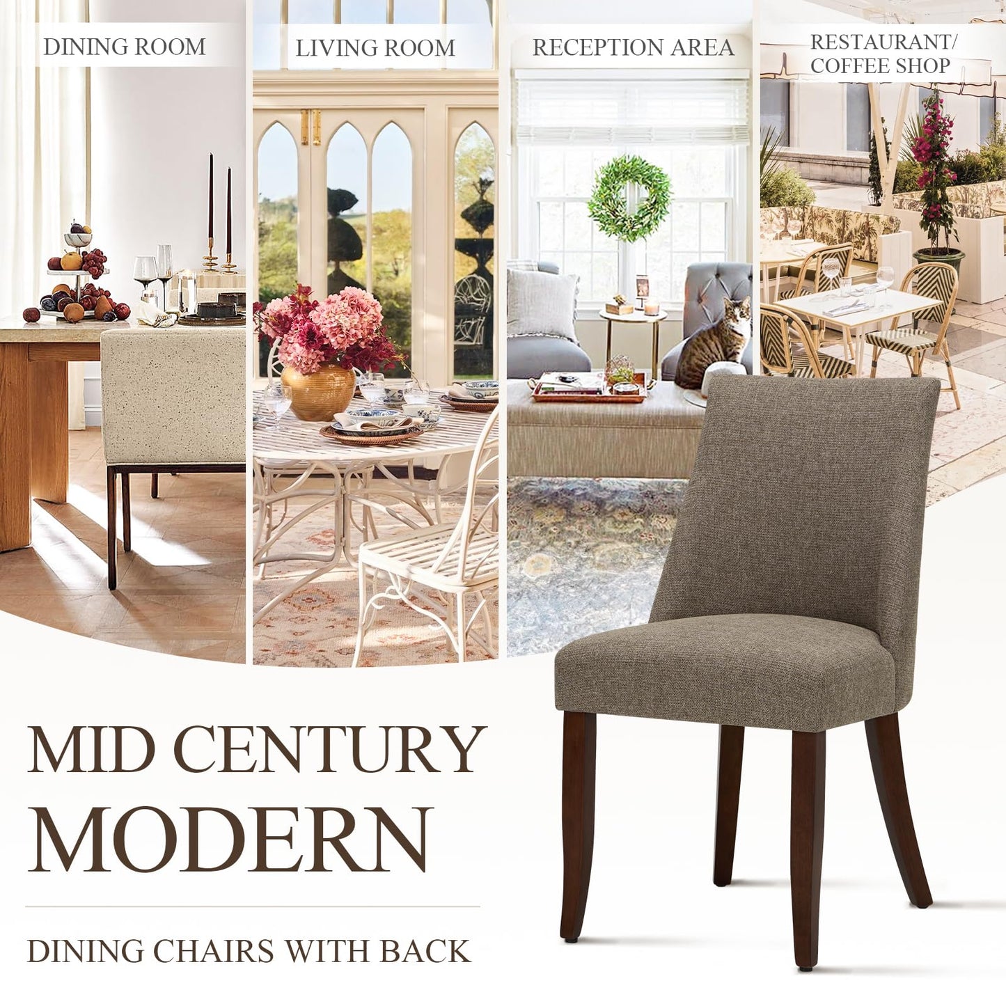 COLAMY Upholstered Dining Chairs Set of 4, Mid Century Modern Kitchen Chairs with Back, Farmhouse Fabric Side Dining Room Chairs with Wood Legs for Dining Room Restaurant, Brown