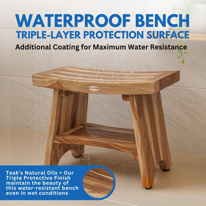 EcoDecors 24 Inch Serenity Teak Shower Bench – Waterproof Bathroom Seat with Large Storage Shelf For Adults & Seniors | Spa-Style Teak Wood Stool with Non-Slip Feet, Elegant Finish, 300 Pound Capacity