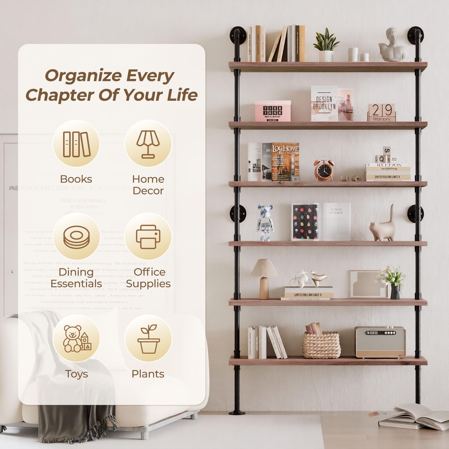 Anynice Industrial Ladder Pipe Shelf, Wall Mounted Wood Metal Bookshelf for Living Room Storage (Weathered Brown, 6 Tier - 10" D x 48" W x 82.5" H)