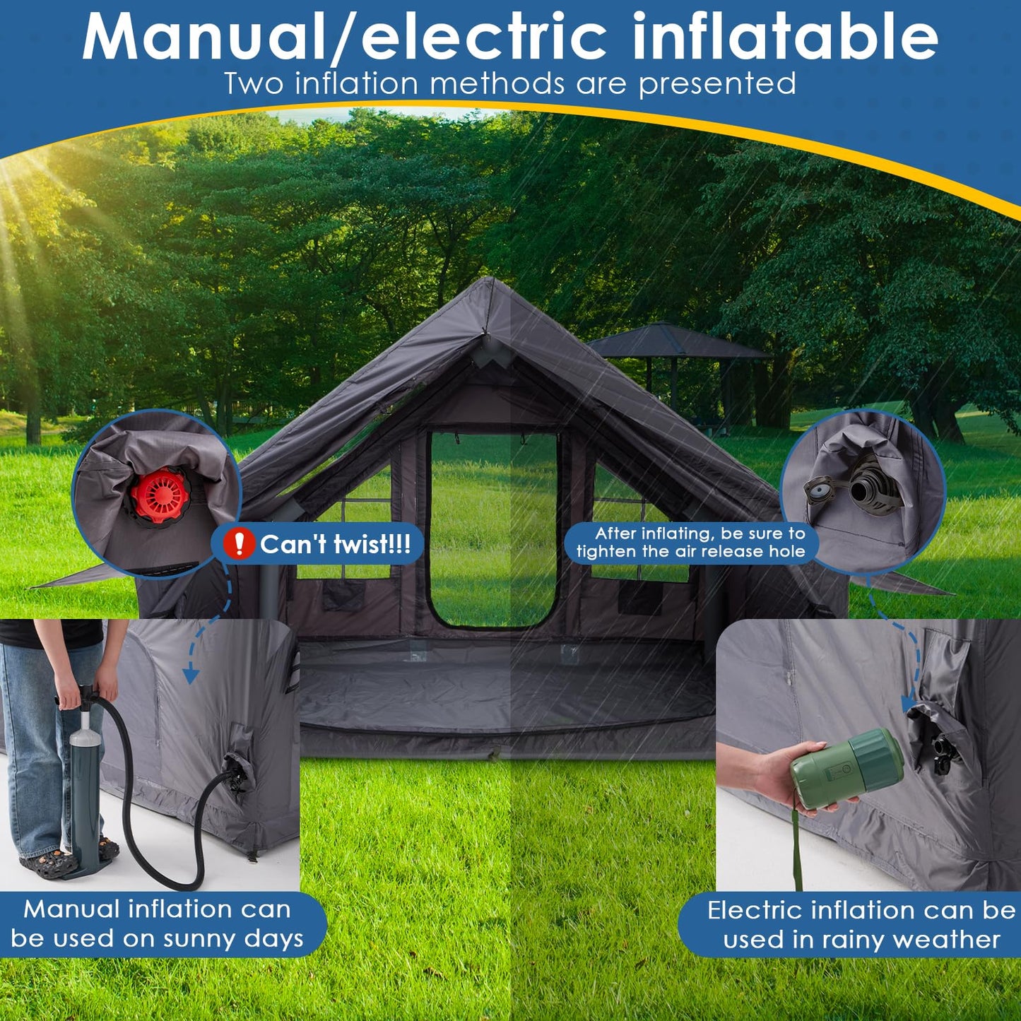 Inflatable Camping Tent for 4-6 Person, with Electric Air Pump, 4 Season Waterproof Windproof, Clear Skylight & 420D Oxford Waterproof, Air Tent with Mesh Windows/Doors