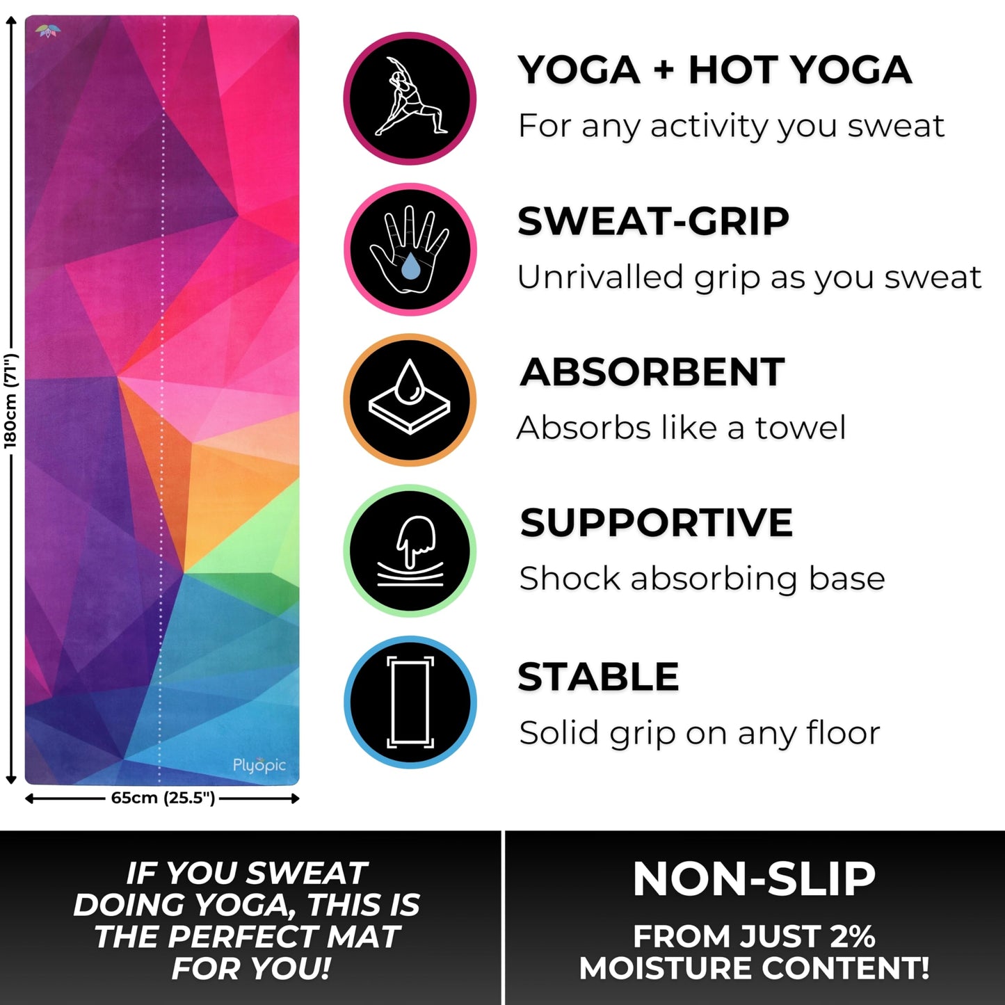 Plyopic. All In One Yoga Mat | Luxury Sweat-Grip Mat/Towel Combo | Ideal for Yoga, Hot Yoga, Bikram, Pilates, Workout & Exercise | Eco-Friendly Natural Rubber