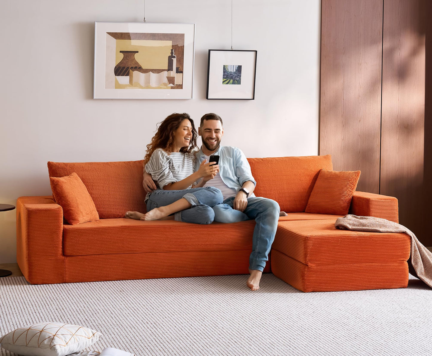 LINSY HOME Oversized Convertible Sofa Bed with 2 Pillows & Ottoman, Corduroy Boneless Couch Folding Modular Sleeper Sofa, L Shaped Couch Floor Sofa for Living Room Apartment, Upgrade Backrest (Orange)