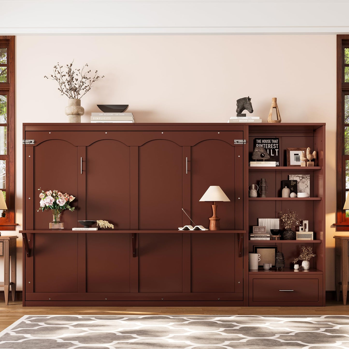 Merax Queen Murphy Bed with 3 Height Adjustable Storage Shelves & 1 Drawer, Wall Bed Frame Multifunctional Foldable Platform Bed for Small Space, Bedroom, Guest Room, Bear 500LBS (Walnut)