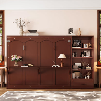 Merax Queen Murphy Bed with 3 Height Adjustable Storage Shelves & 1 Drawer, Wall Bed Frame Multifunctional Foldable Platform Bed for Small Space, Bedroom, Guest Room, Bear 500LBS (Walnut)