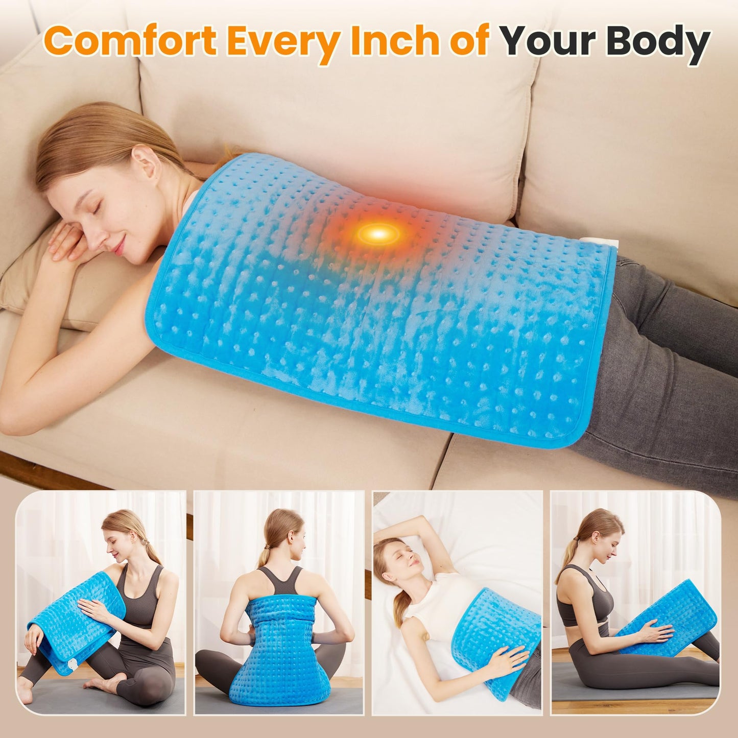 Electric Heating Pad for Back Pain Relief & Cramps - 6 Heat Settings,Auto Shut Off,Moist Heat Options,Portable Heated Pads for Neck/Shoulder Machine Washable Gift for Men Women,Grey,12"x24"