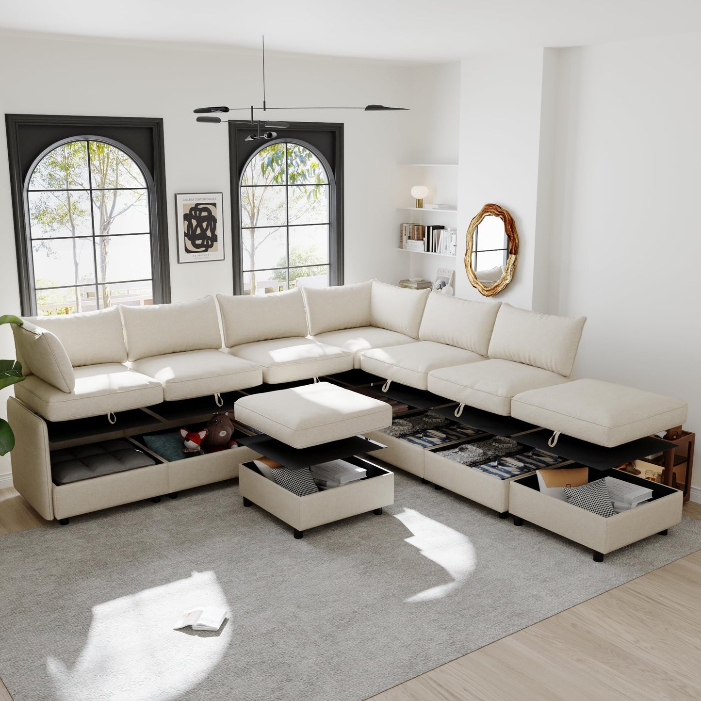 129-Inch Oversized 8 Seat Modular Cloud Sofa Deep Seat Storage Sectional Sofa Couch Free Combination W/Movable Ottomans,L/U Shaped Chenille Upholstered Convertible Sleeper Couch for Home Apartment