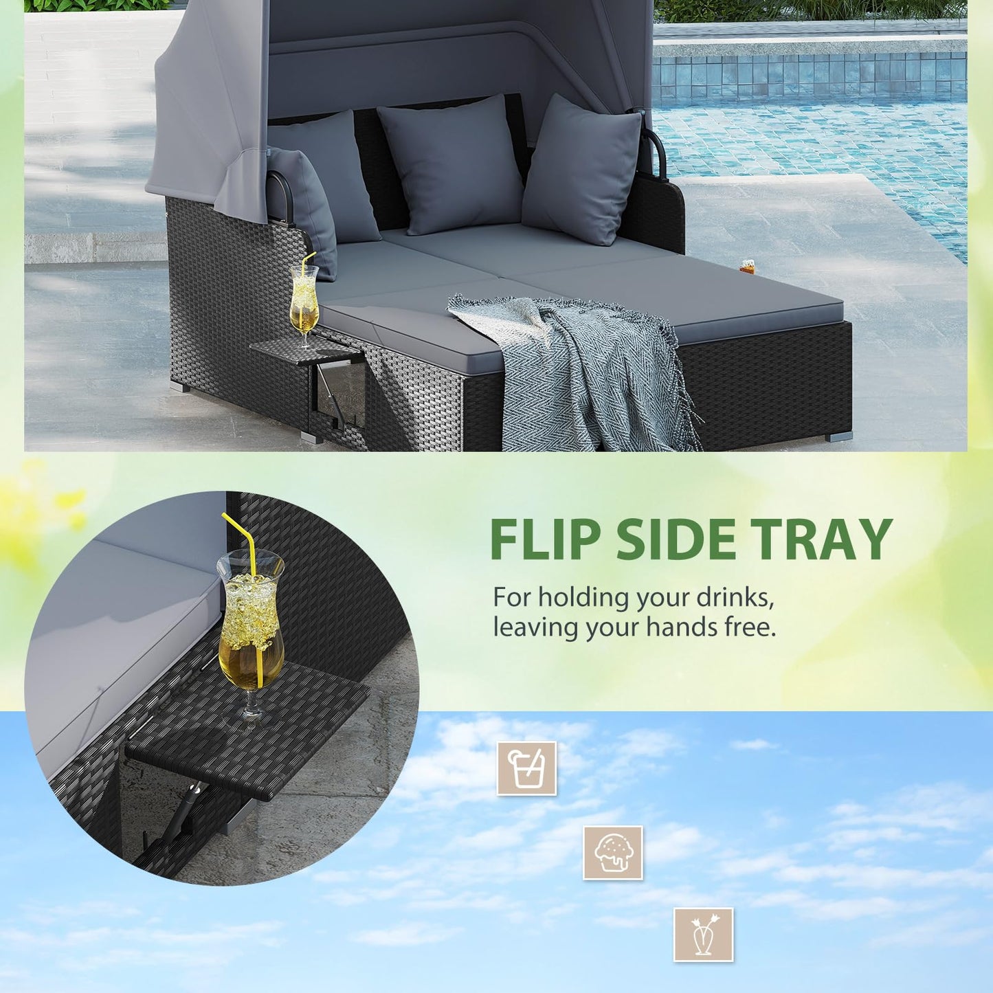 DREAMADE Outdoor Daybed with Canopy, 2 Person Rattan Sunbed with Cushions, 4 Pillows & 2 Foldable Side Trays, Patio Daybed for Backyard, Garden, Poolside, Balcony (Grey)