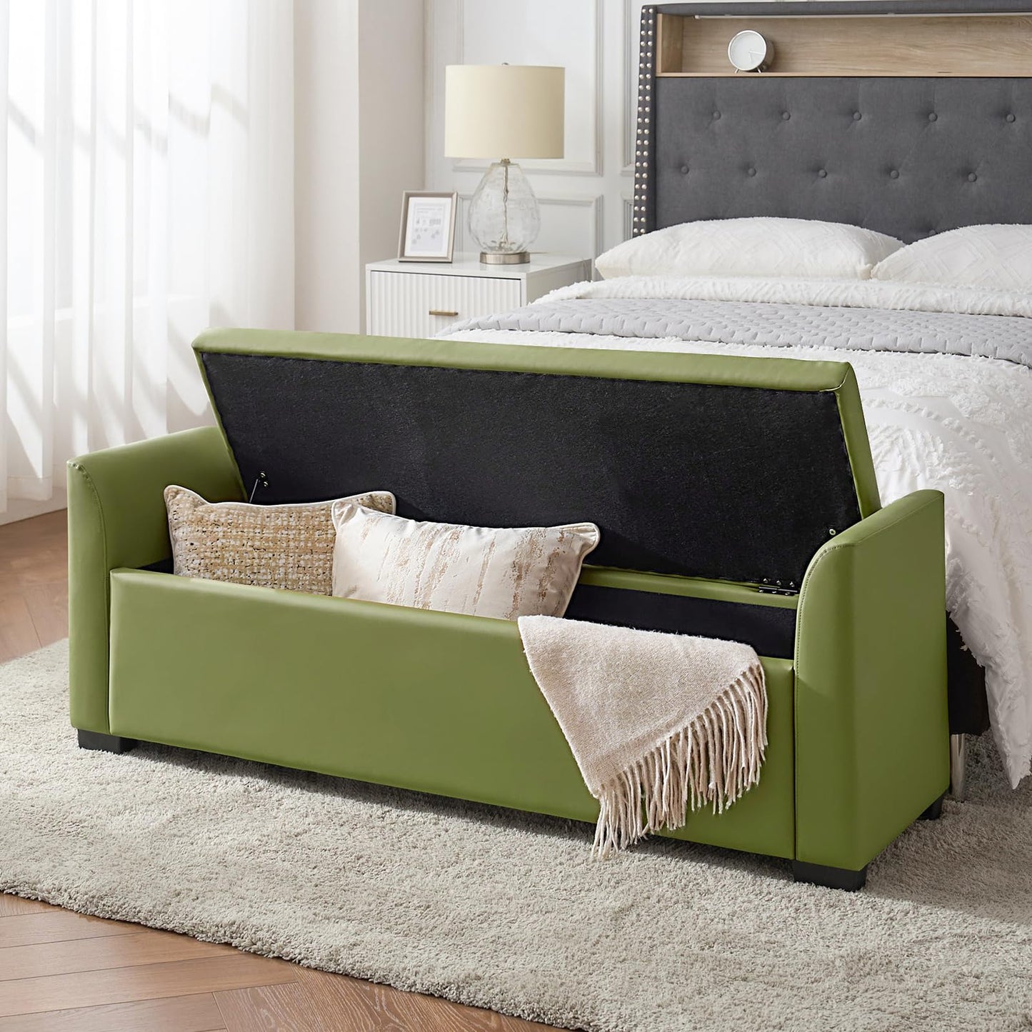 The support you need 58" Faux Leather End of Bed Storage Bench with Flared Arms & Tufted Seating, Large Elegant Transitional Upholstered Bedroom Benches, Flip Top Entryway Ottoman Footrest, Moss